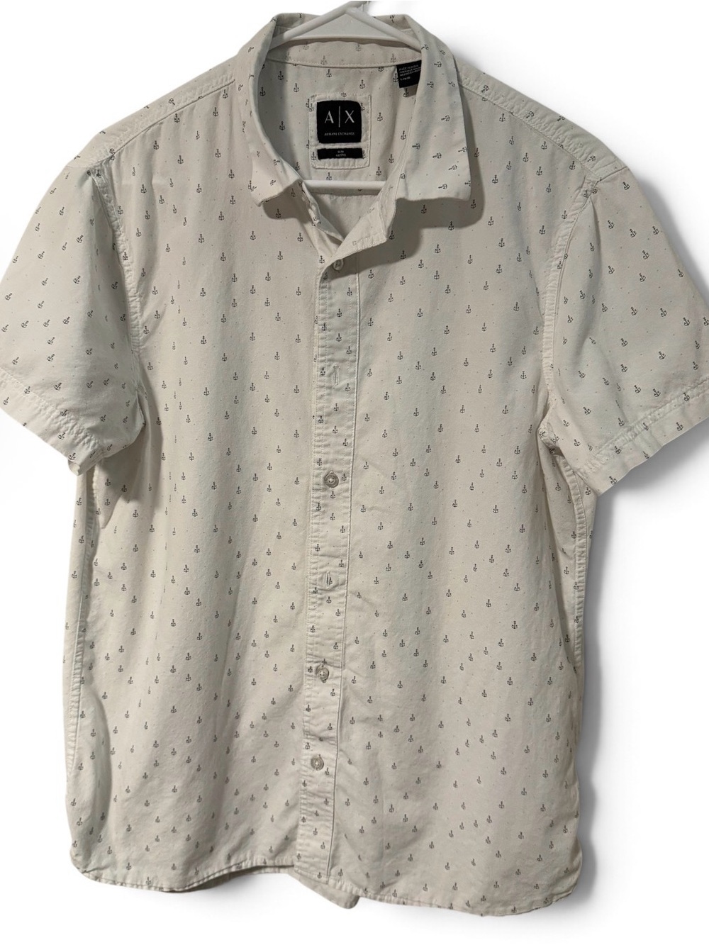 Armani Exchange white Short-Sleeve Button-Down with Navy Anchor Print